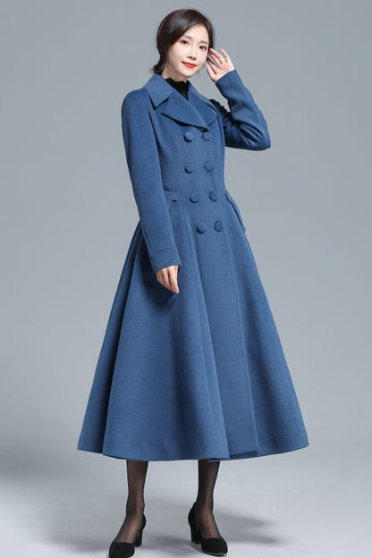 Blue Wool Maxi Coat - Vintage Inspired Fit & Flare Silhouette 3127