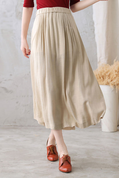 Khaki Long Cotton Linen Midi Skirt 2773