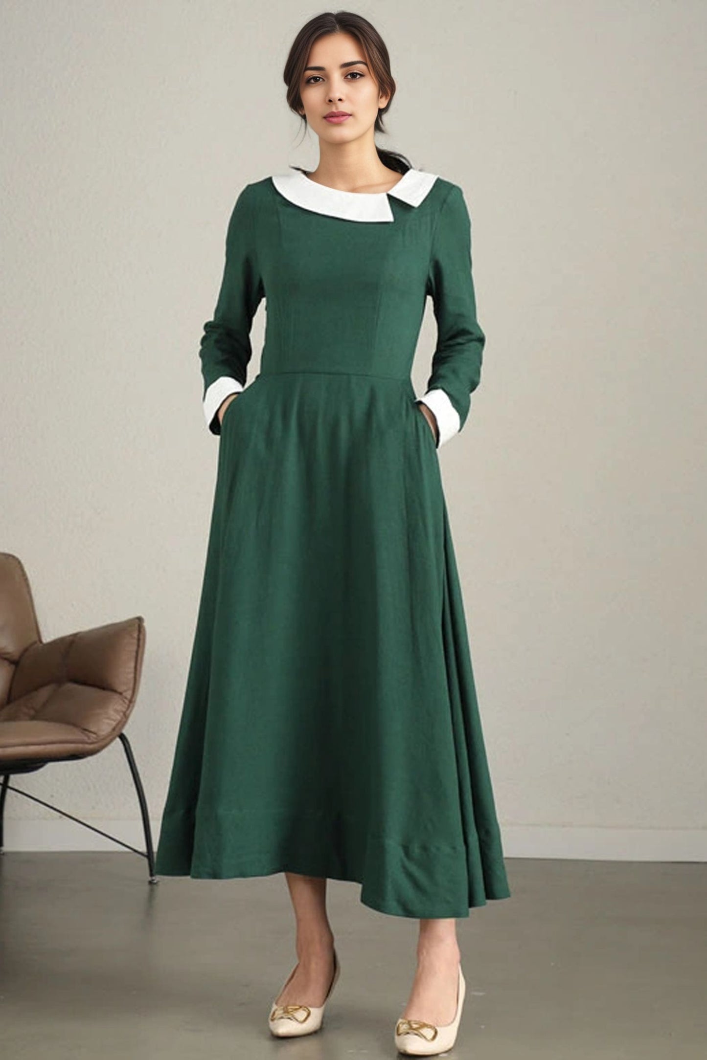 Xiaolizi Handmade Green Linen Maxi Dress – Vintage Long Sleeve A-Line Dress 6341