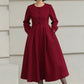 Handmade Vintage Wool Dress – Burgundy Fit and Flare Midi Dress for Winter 6612