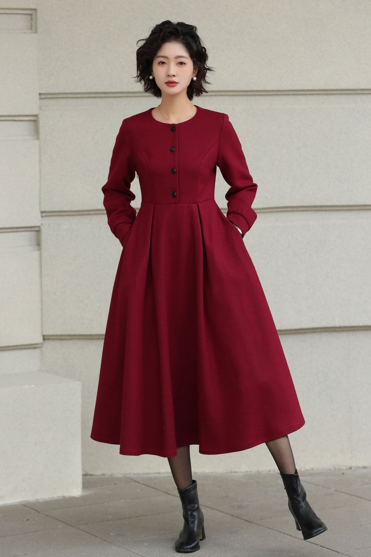 Handmade Vintage Wool Dress – Burgundy Fit and Flare Midi Dress for Winter 6612