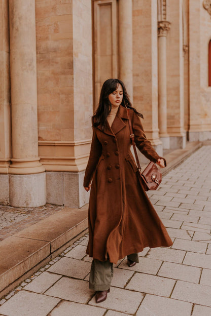 Brown Wool A-Line Trench Coat - Double Breasted Maxi | Xiaolizi 4142