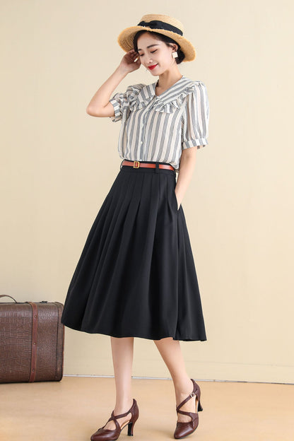 Black Linen Cotton Midi Circle Skirt - Pleated A-Line with Pockets 2785