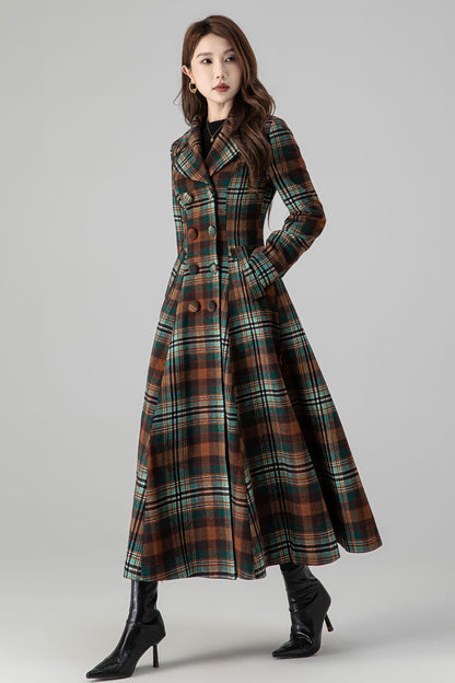 Women’s Wool Fit-and-Flare Long Coat – Double-Breasted Plaid 4510