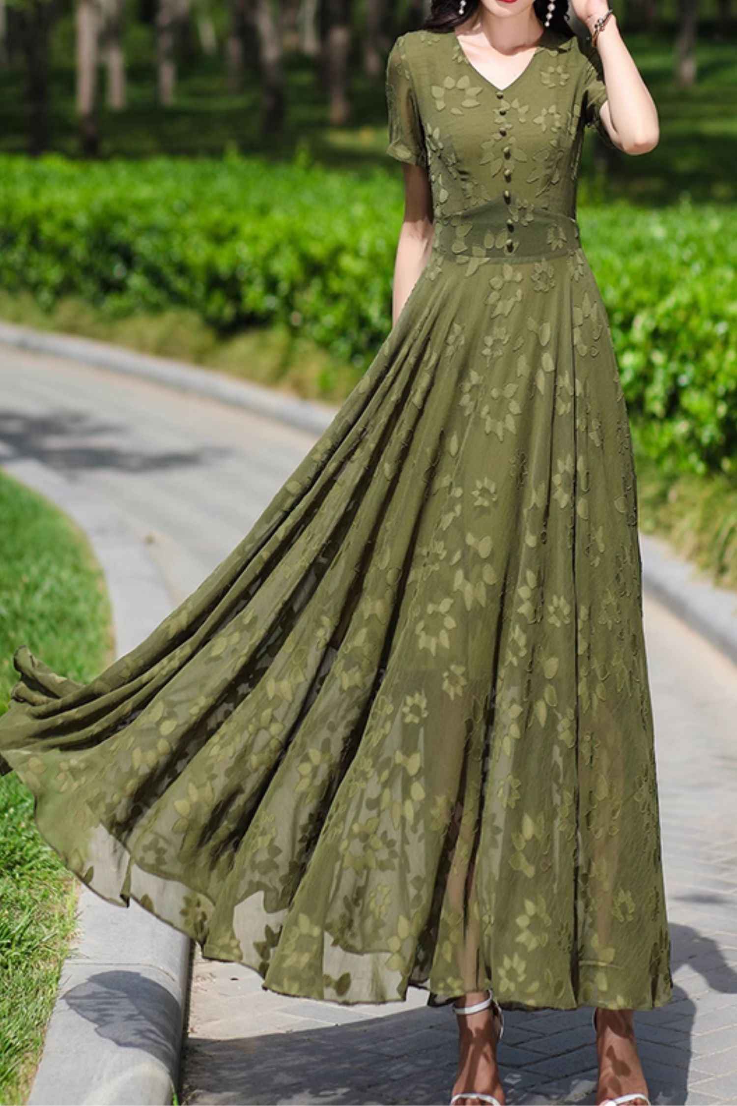 Olive Chiffon Maxi Dress - Fit and Flare Silhouette with V-Neckline 5085