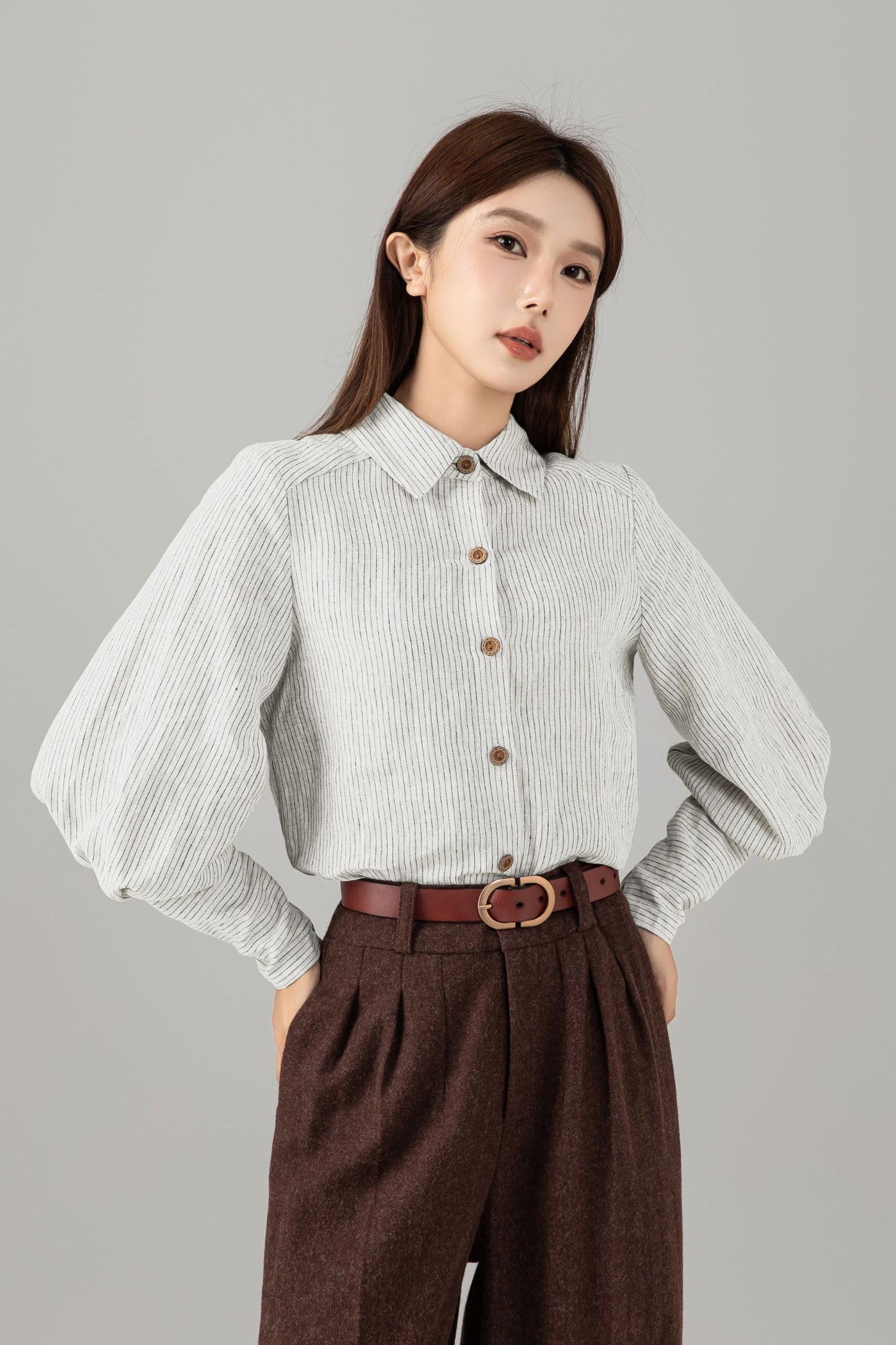 Striped Linen Blouse - Button Down Puff Sleeve | Xiaolizi 6755