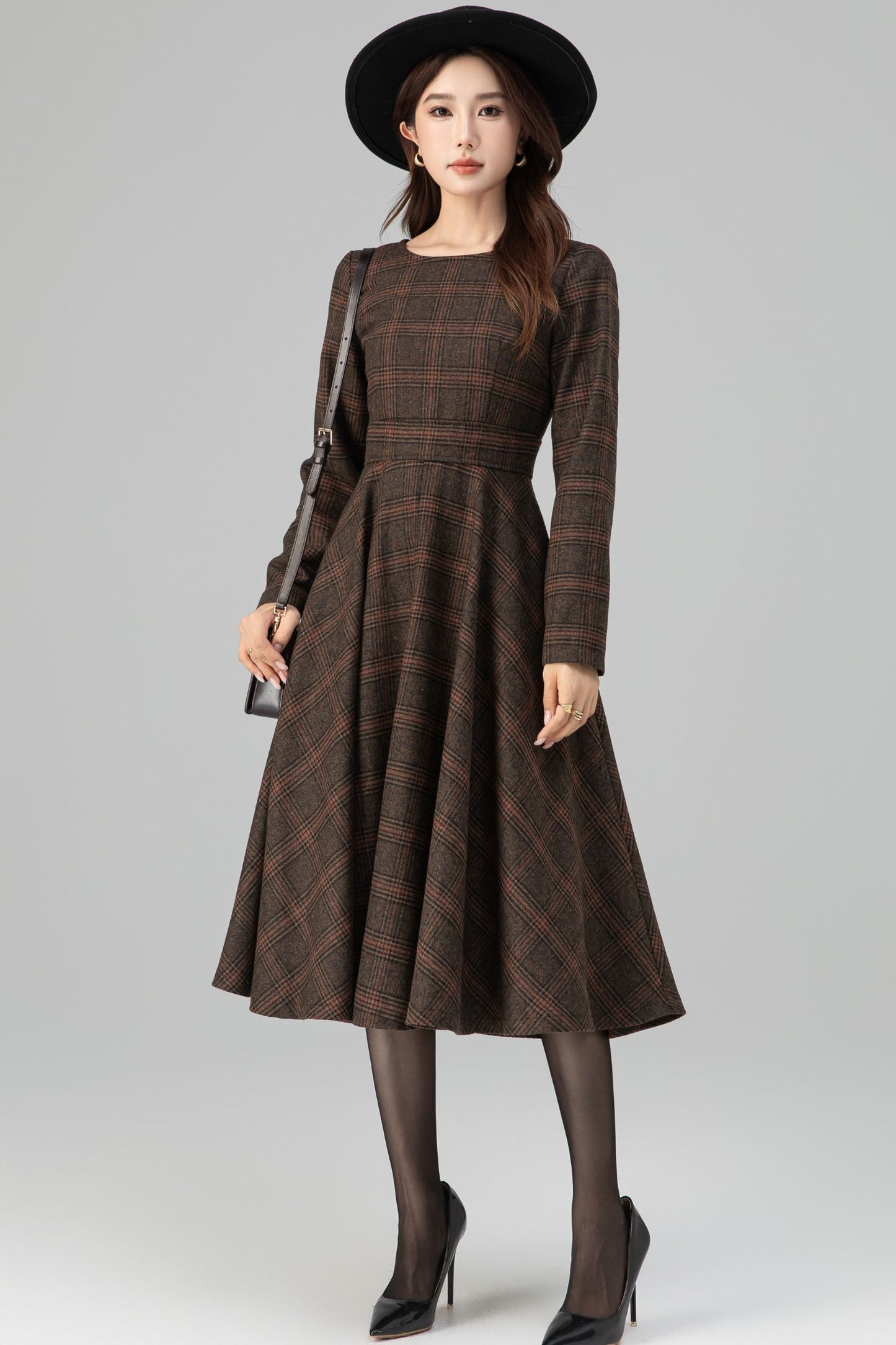 Brown Wool Blend Plaid Dress – Handmade Vintage Midi Winter Style | Xiaolizi 6391