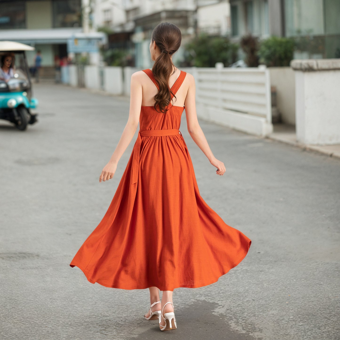 Orange Linen Blend Dress - Square Neck Midi | Xiaolizi 6724