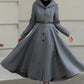 Hooded tie belt gray long winter wool coat 6535