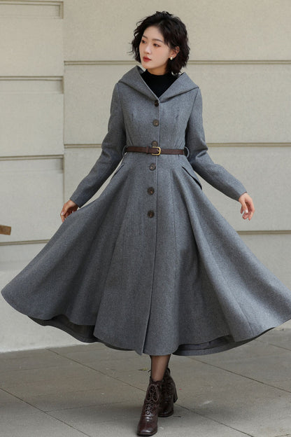 Gray Wool Long Coat - Hooded, Tie Belt, Fitted Waist 6535