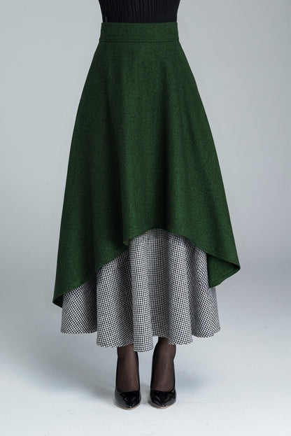 Handmade Layered Wool Maxi Skirt – Burgundy Swing with Houndstooth | Xiaolizi 5328