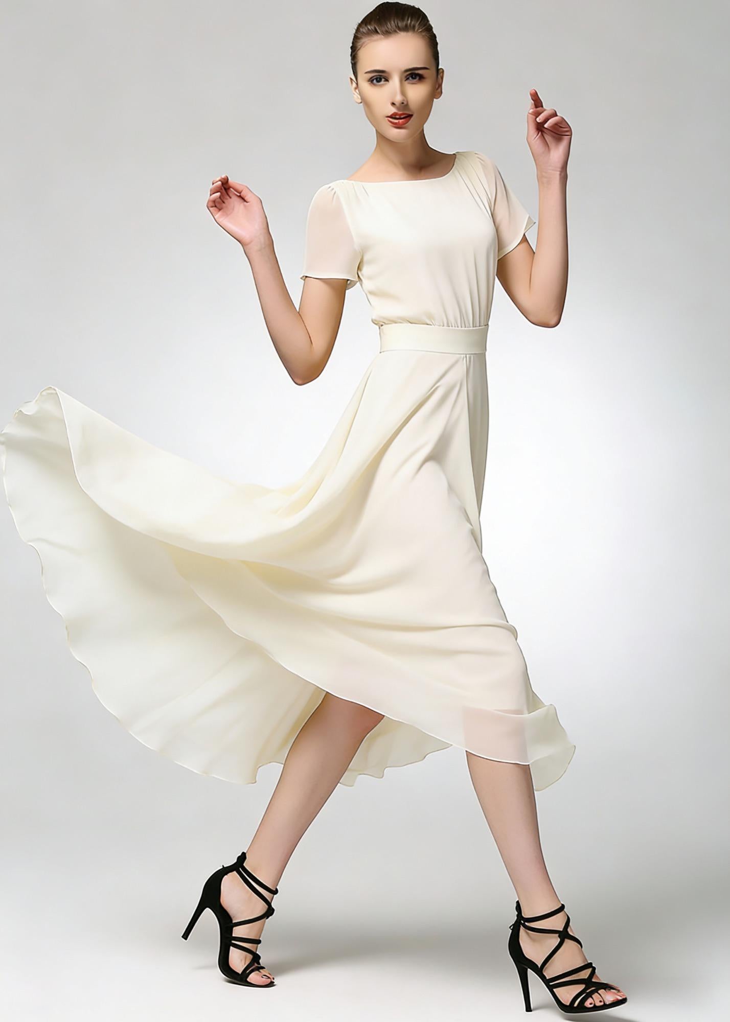 Beige Chiffon Midi Dress with Short Sleeves and Flowing Skirt | Xiaolizi 6782