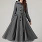 Hooded tie blet gray long winter wool coat 5481