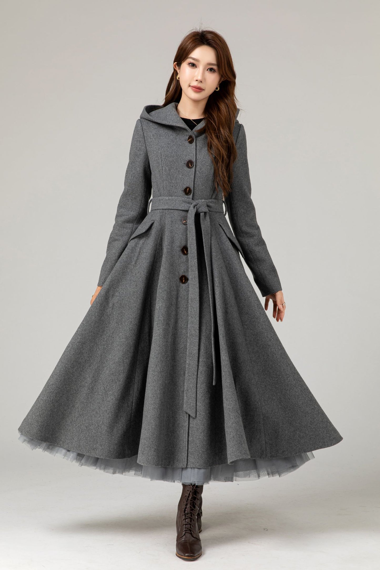 Hooded tie blet gray long winter wool coat 5481