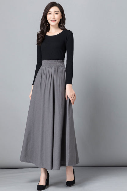 Gray Linen Cotton Maxi Skirt - High Waist Pleated Swing 2358