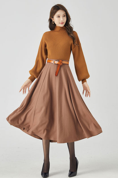 Vintage Swing Wool Skirt – Handcrafted Brown High Waist Midi Skirt for Autumn and Winter 4535