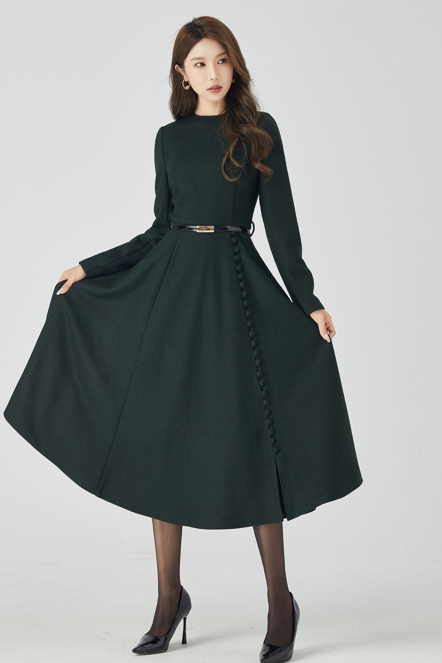 Dark Green Winter Long Wool Dress 4522