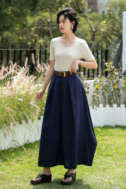Handmade Navy Linen Cotton Asymmetrical Maxi Skirt | Xiaolizi 6740