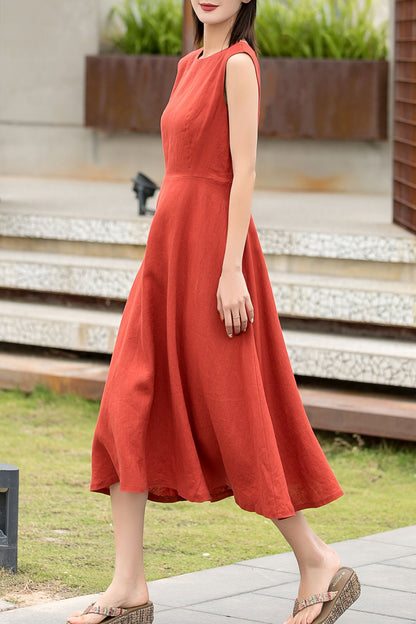 Orange sleeveless summer midi linen dress 2741