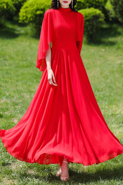 Fuchsia Polyester Maxi Dress - Flowing Swing Sleeve, Fitted Waist c4978