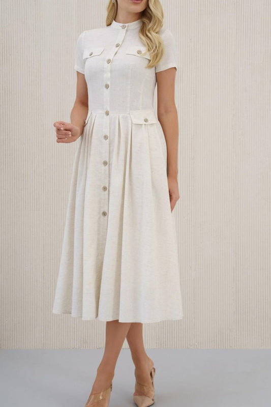 Button front white midi linen dress HY0018