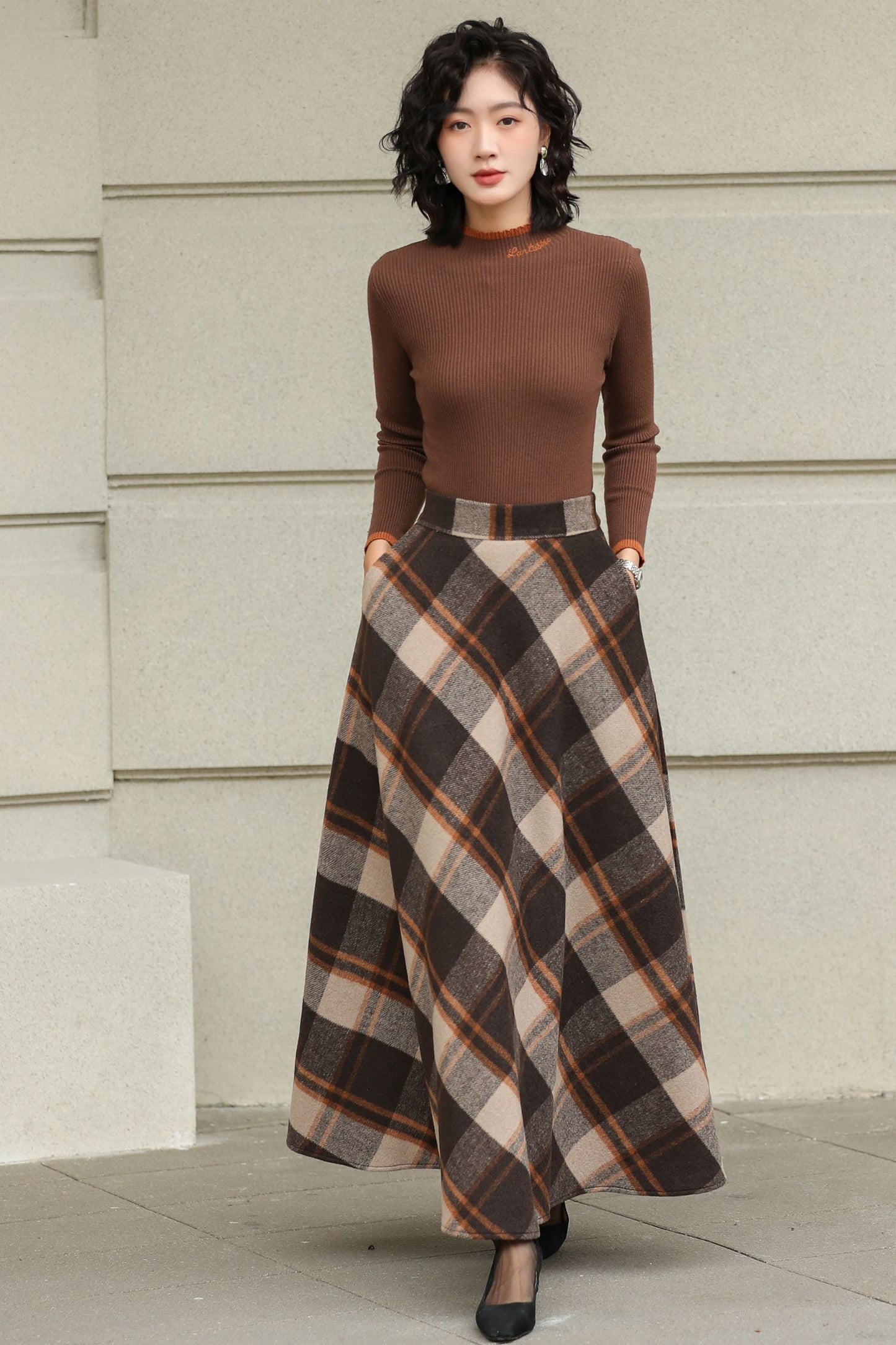 Plaid Wool A-Line Skirt – Brown Check Midi/Ankle Length, Handmade | Xiaolizi 6419