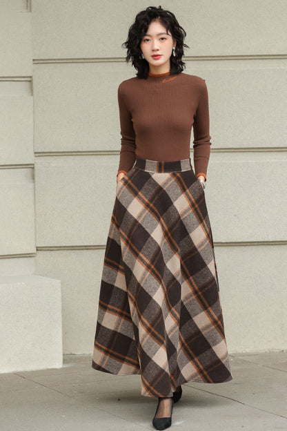 Plaid Wool A-Line Skirt – Brown Check Midi/Ankle Length, Handmade | Xiaolizi 6419