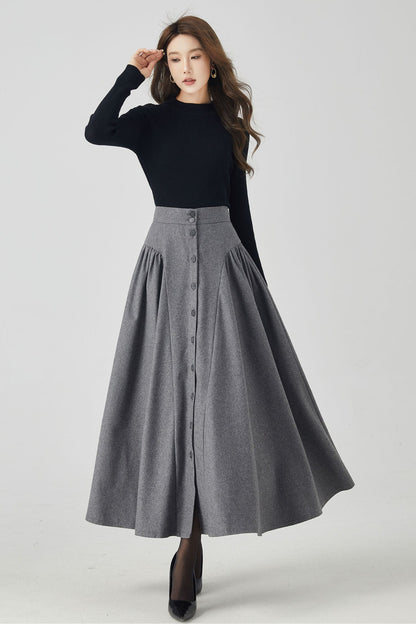 Button down gray maxi wool skirt 4526