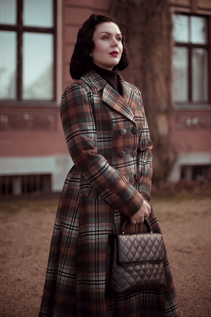 Vintage Brown Plaid Wool Coat – Elegant Double-Breasted Winter Overcoat 4737