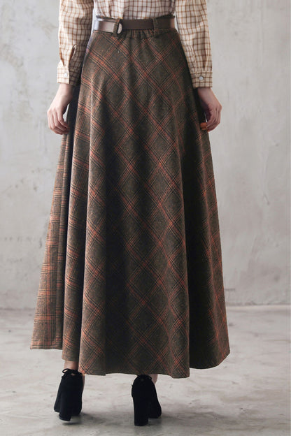 Brown Plaid Wool Maxi Skirt – Vintage High Waist Winter Long Skirt with Pockets 3102
