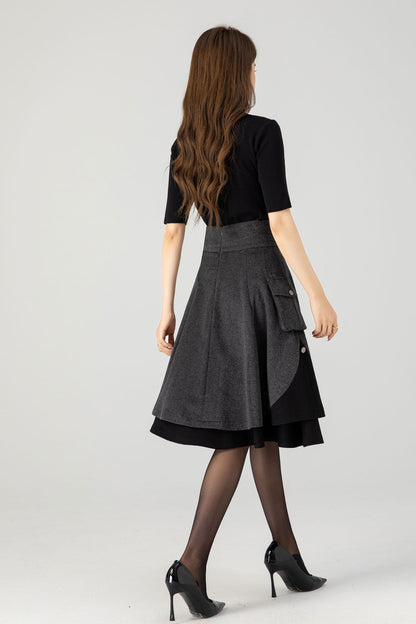 Gray Wool Skater Skirt – Asymmetrical Layered Pocket Midi Skirt 4629