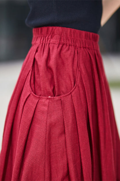 Red Linen Cotton Maxi Skirt - Pleated Pockets Flared | Xiaolizi 2176