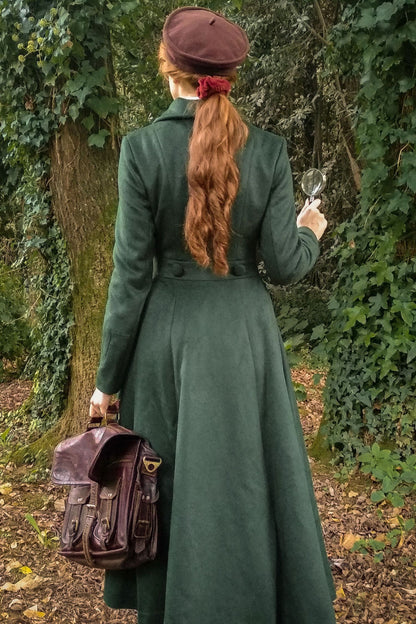 Handmade Dark Green Wool Maxi Coat – Vintage Double Breasted Fit and Flare | Xiaolizi 3221