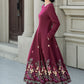 Embroidered burgundy fit and flare wool dress 5307