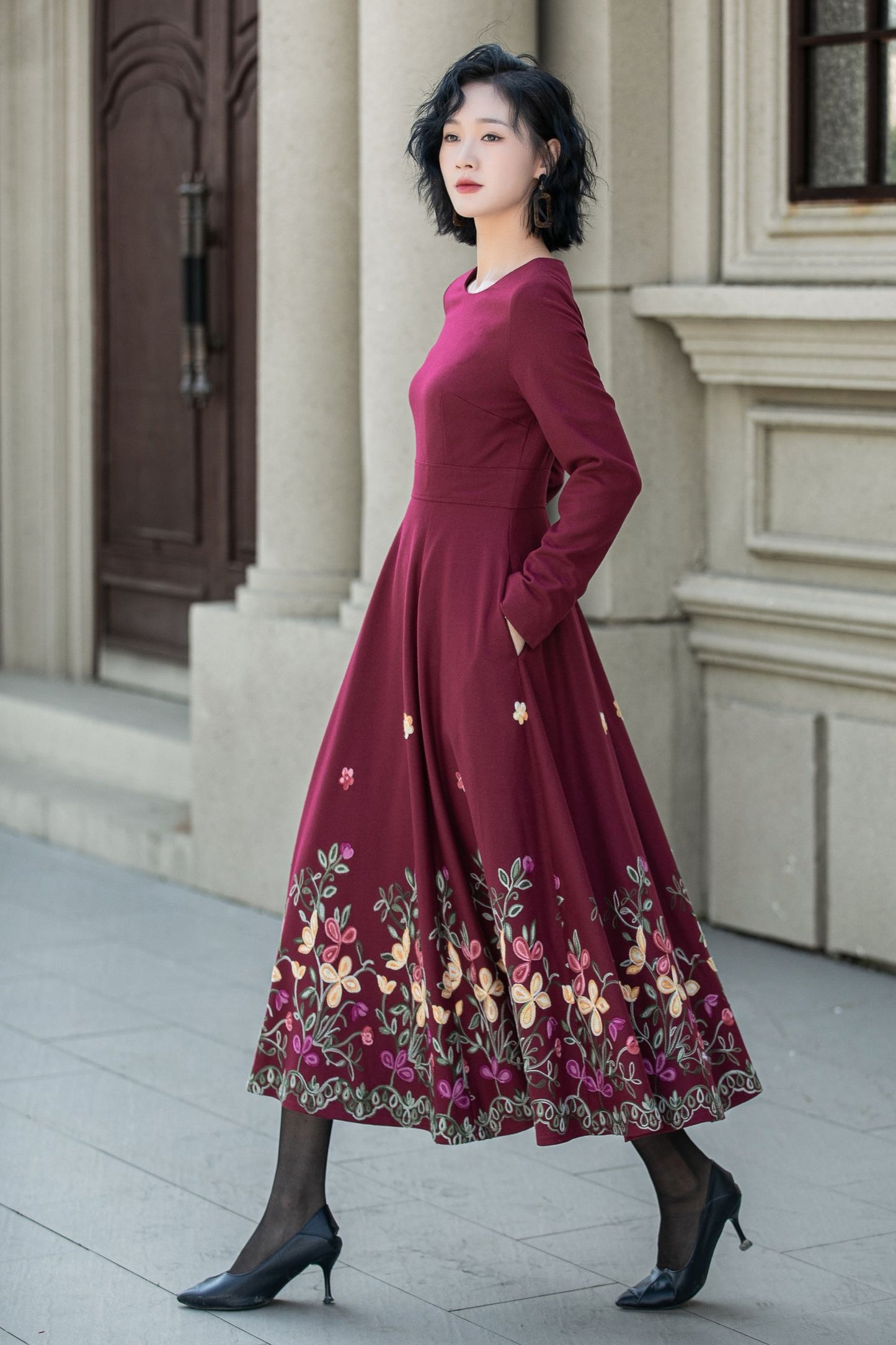 Embroidered burgundy fit and flare wool dress 5307