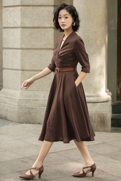 Brown Linen Midi Dress - A-Line V-Neck Pleated | Xiaolizi 5754