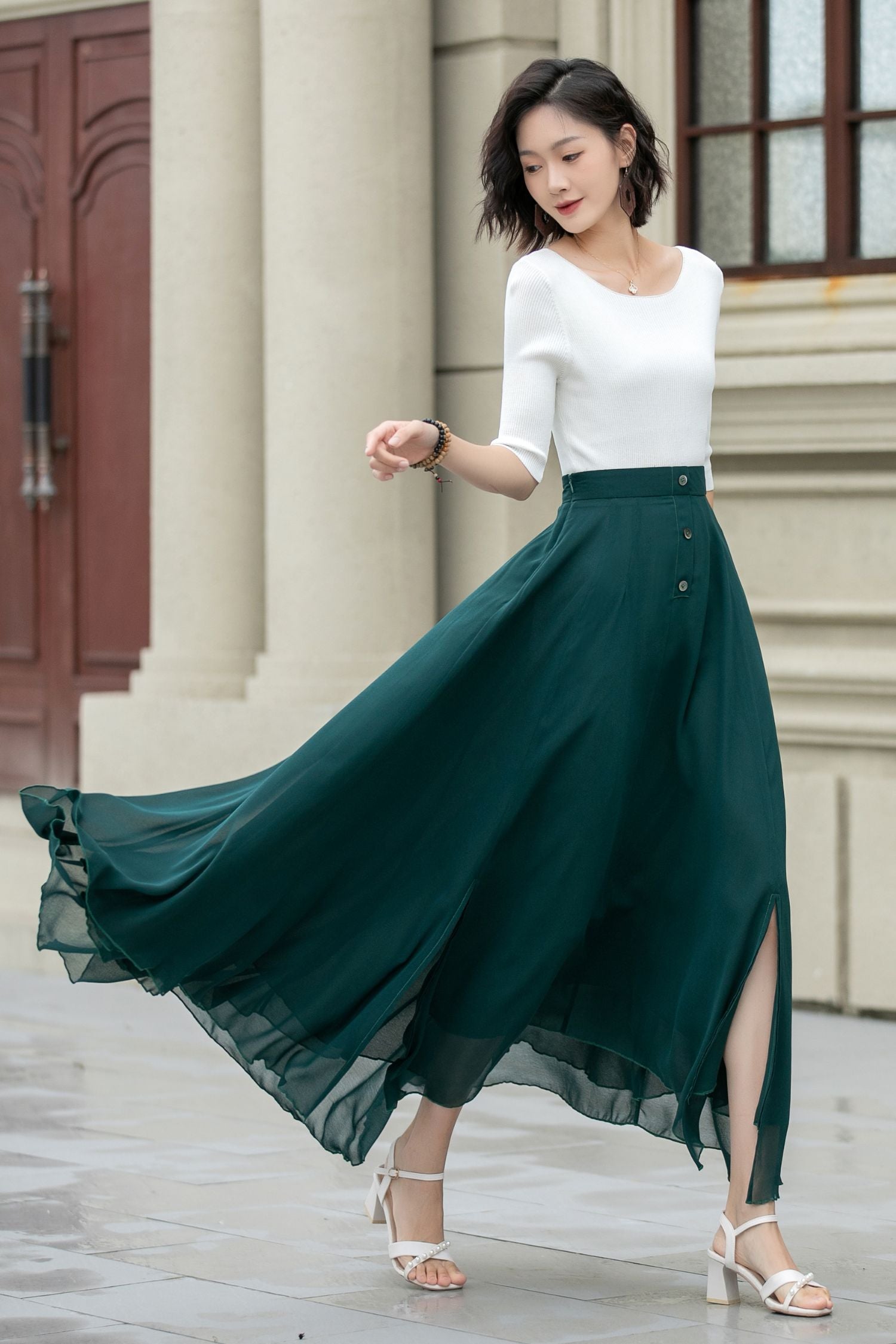 Maxi dark green summer chiffon skirt women 5220 - Main Image