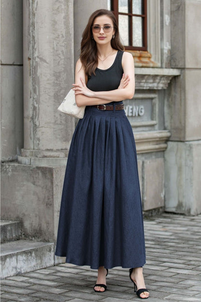 Cotton Pleated Maxi Skirt - Pockets A-Line | Xiaolizi 5780