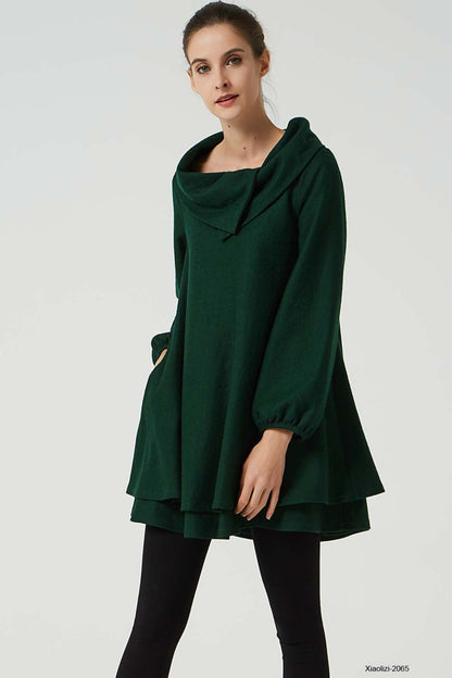 Artisan Wool Tunic Dress – Dark Green with Cowl Neck & Layered Hem – 2065