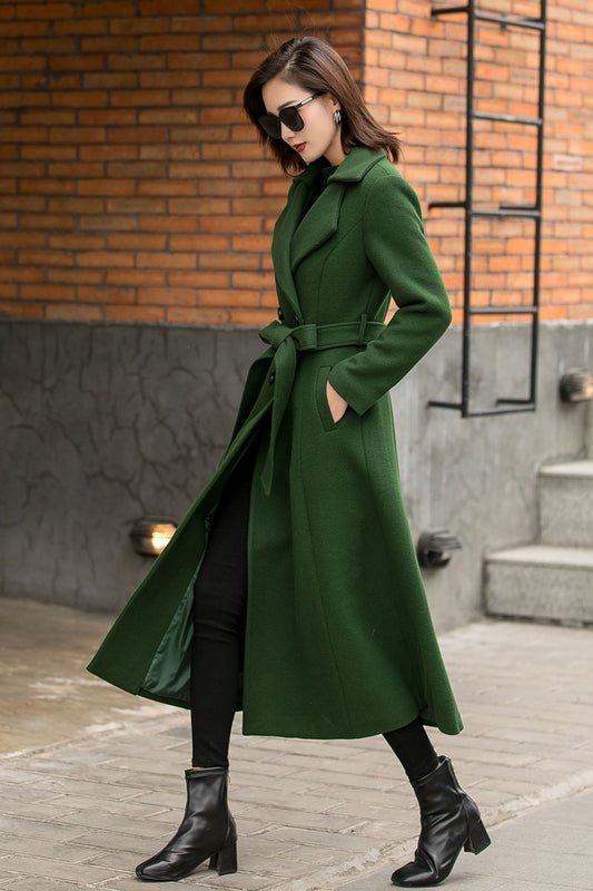 Dark Green Wool Coat – Vintage Double Breasted Winter Maxi | Xiaolizi 2842