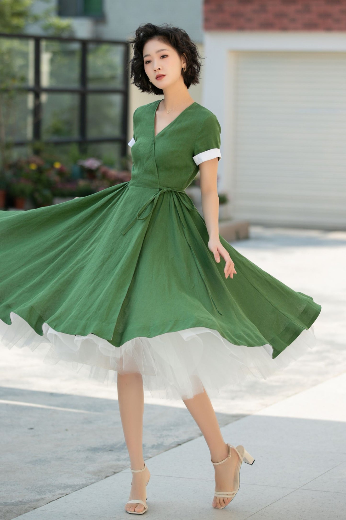 Green V-Neck Swing Midi dress with Waist Tie 5991 - S #CK2500302