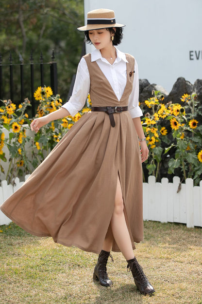 Xiaolizi Linen Pinafore Dress – Vintage V Neck Midi Swing Dress 6690