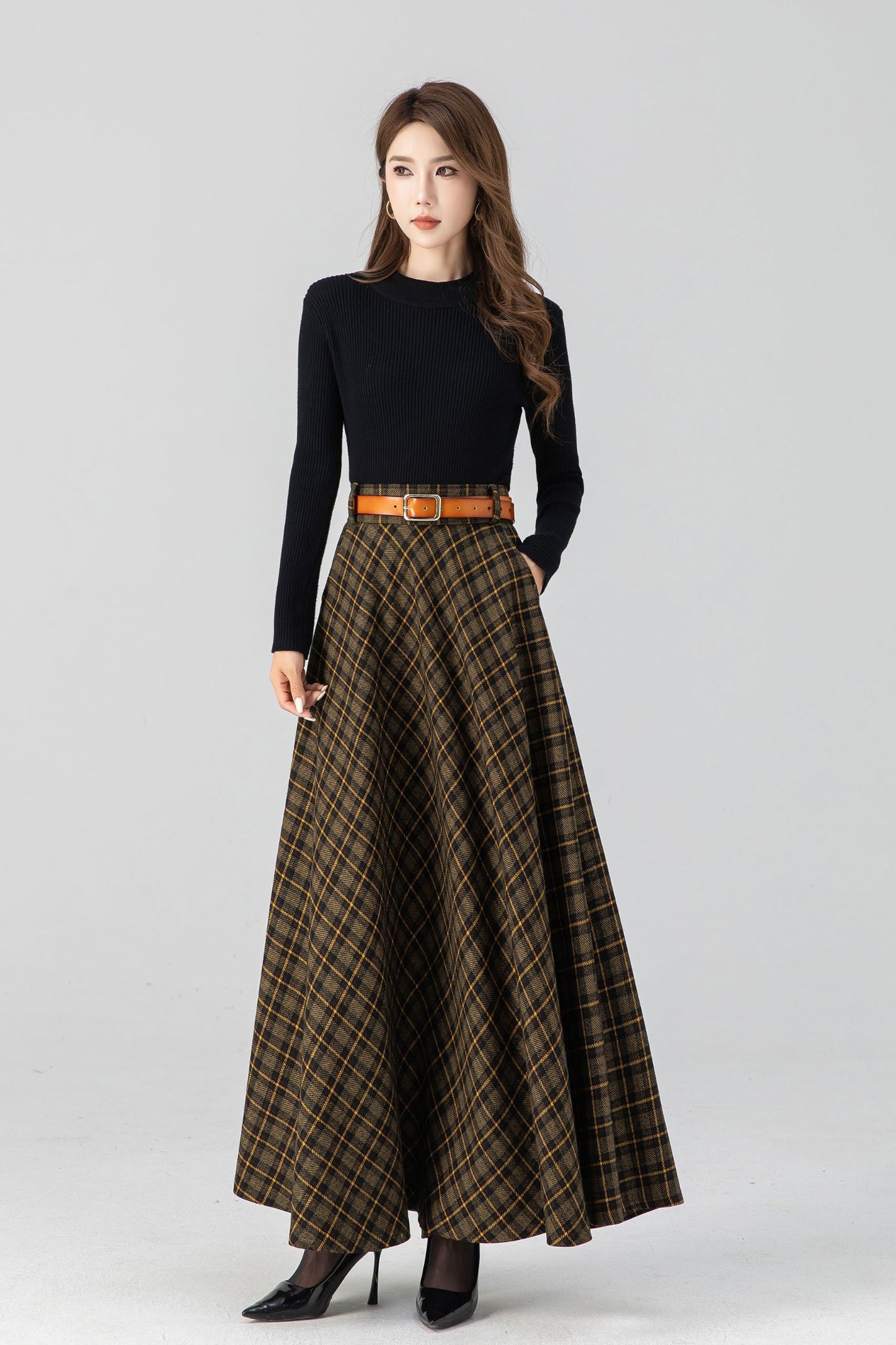 High waisted plaid winter long wool skirt 4666