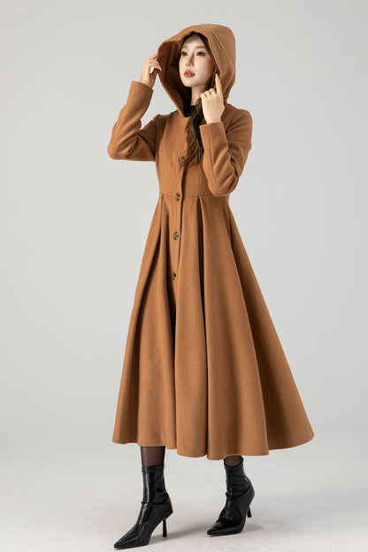 Camel Wool Hooded Coat – Vintage Fit and Flare Long Winter Overcoat 4606