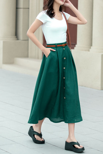 Green Linen A-Line Midi Skirt - Button Front Detail 4967