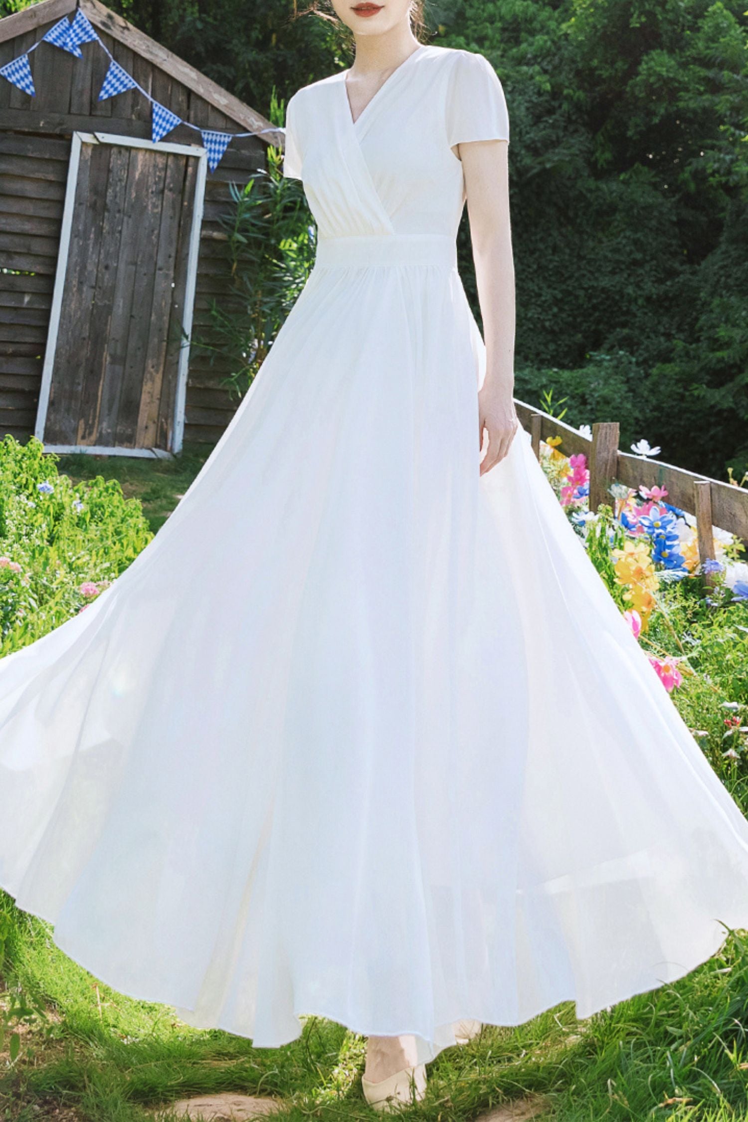 White vintage inspired long chiffon dresses HY0035 - white / XS White vintage inspired long chiffon dresses HY0035 - white / XS