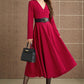 Red V neck prom midi wool dress 5357