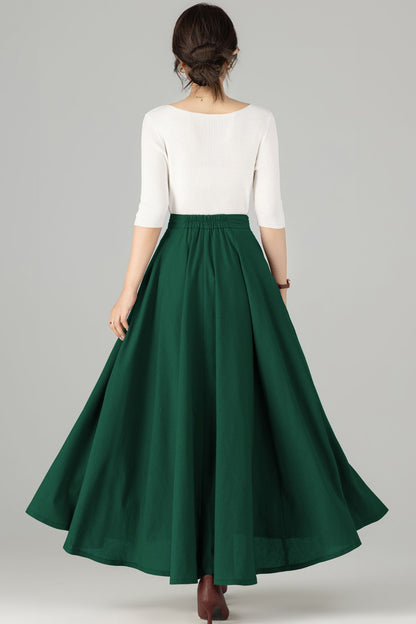 Green Linen Cotton Maxi Skirt - High-Waisted with Side Slit 5719