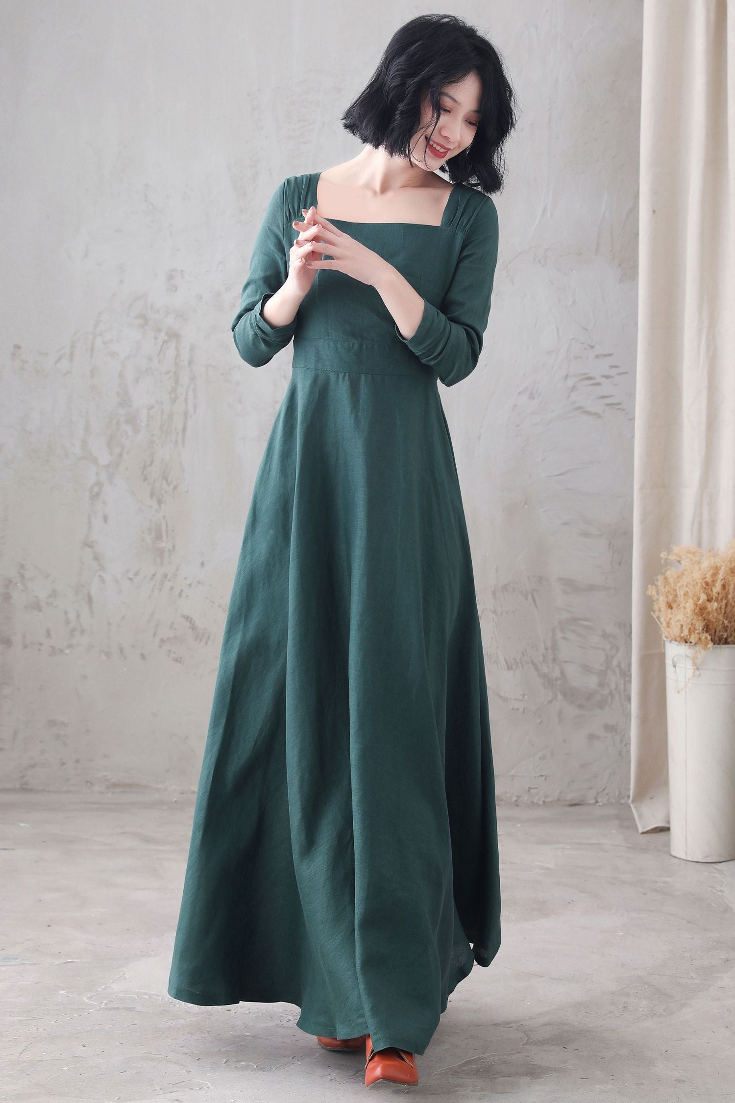 Long sleeve Linen Maxi dress with pocket 3285 Xiaolizi Long sleeve Linen Maxi dress with pocket 3285 Xiaolizi