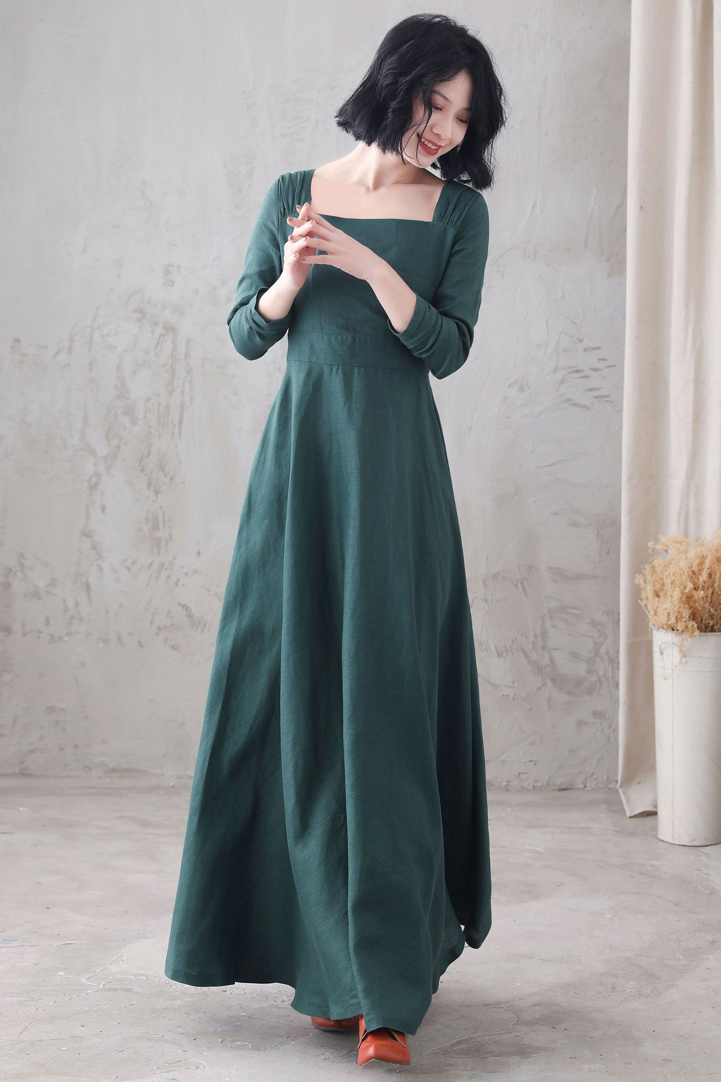 Long sleeve Linen Maxi dress with pocket 3285